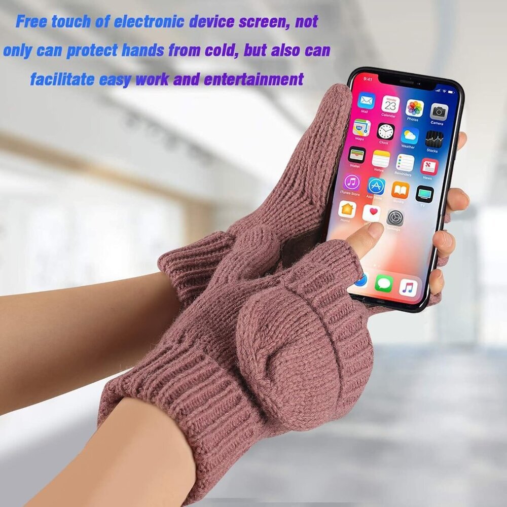 Women's Pink Winter Warm Thermal Insulation Fingerless Texting Wool Gloves - Picture 5 of 6